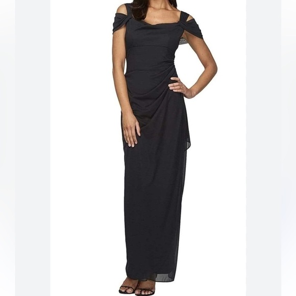 Alex Evenings - 132156 Cowl Neck Sheath Dress With Overlay Skirt black 14 P New - Picture 1 of 10